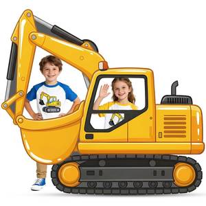 lot 12302 image: LawnIdyll 4 FT Excavator Truck Cardboard Cutout, Construction Party Decoration, Digger Engineering Vehicle Life-Size Stand-Ups Backdrops Photo Booth Props for Boys Birthday Baby Shower
