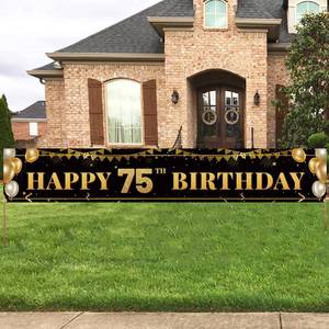 lot 12313 image: Large Happy 75th Birthday Decoration Banner, Black and Gold Happy 75th Birthday Banner Sign, 75th Birthday Party Decorations Supplies(9.8x1.6ft)