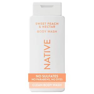 lot 12329 image: Native Clean Body Wash, Gentle & pH-balanced for Sensitive Skin, 24-Hr Freshness for Women & Men, Vegan & Cruelty-Free, Free of Sulfates & Parabens, Sweet Peach & Nectar, 18 fl oz (Half Full)