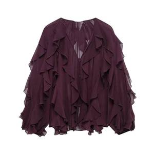 lot 12341 image: AKODOZO Womens Ruffle Chiffon Blouse Trendy Semi Sheer V Neck Top Long Sleeve Button Down Oversized Shirts Wine Red (No Size)