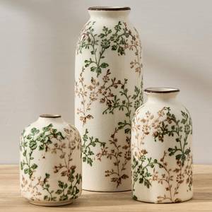 lot 13182 image: Green and Beige Antique Vase Set of 3, Vintage Chinoiserie Floral Vase, Rustic Ceramic Vase for Home Decor, Living Room, Bookshelf, Office, Entryway, Garden, Chinoiserie Decor, Tuscan Decor