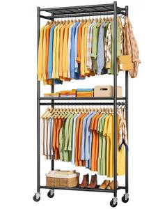 lot 13184 image: Sakugi Clothes Rack - 33.0 x 12.2 x 79.5 Clothing Rack with Shelves & Wheels, Multi-Functional Wardrobe Closet with Hooks, Sturdy Metal Garment Rack for Bedroom, Laundry, Balcony (Black)
