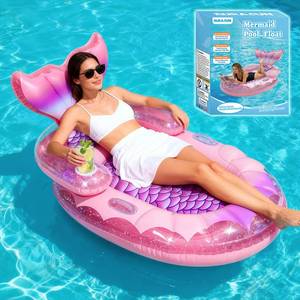 lot 13192 image: Mermaid Pool Float Bed for Adults - 63 X 39 Premium Inflatable Lounger with Backrest & Cup Holder, Glitter Interior, Comfortable Sunbathing Raft with Handles for Party Pool Beach Lake (Pink)