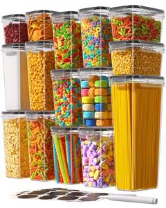 lot 13200 image: Airtight Food Storage Containers with Lids, 15 PCS Kitchen and Pantry Organization Canisters, BPA-Free, PVC-Free, Food-grade Plastic Leak-proof Jars for Cereal, Flour, Sugar, Extra 24 Labels & Marker