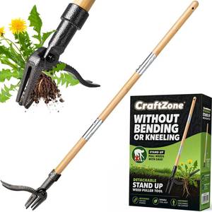 lot 13203 image: CRAFTZONE Weed Puller Stand Up Weed Puller Tool with Wooden Long Handle Foot Platform Design 4-Claw Steel Head & Removable 3-Section Pole Garden Tools-Easily Remove Weeds Without Bending or Kneeling
