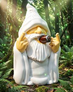 lot 14006 image: Leverse Middle Finger Decor Statue, 5.9in Smoking Wizard Dwarf- Funny Garden Gnomes Outdoor Decorations for Lawn Patio Yard Home Decor Easter Halloween (Top ChippedDamaged)