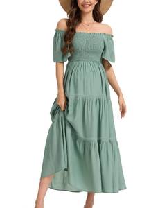 lot 14018 image: JINDIIM Womens Summer Ruffle Short Sleeve Maternity Maxi Dress Flowy Tiered A Line Photoshoot Baby Shower Dress Green S