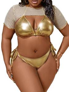 lot 14062 image: BEAUDRM Womens Plus Size 3 Piece Solid Halter Bikini Triangle Set with Beach Cover Up Top Backless Swimsuit Gold 0XL