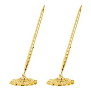 lot 14073 image: Bcxfbxd 2 Pcs Gold Hollow Round Pen Holder Metal Pen Stand Holder Set Signing Pen Set Signing Desk Ballpoint Pens for Guest Book Wedding Birthday Party Graduation Teacher Office Business