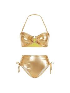 lot 14075 image: MakeMeChic Womens 2 Piece Gold Bikini Sets Metallic High Waisted Ruched Halter Tie Side Swim Bathing Suit Gold X-Large
