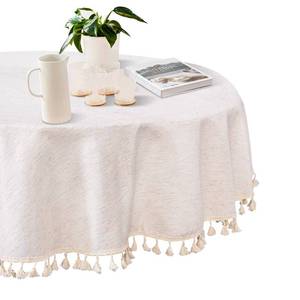 lot 14080 image: MYSKY HOME Table Cloth 60 in Round Cotton Tablecloth, Heavy Duty Linen Look Waterproof Tablecloths Farmhouse Tablecloth, Soft and Wrinkle Free Table Cover with Beige Tassels for Kitchen Dining, Party