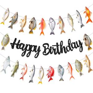 lot 14092 image: 3pcs Gone Fishing Birthday Party Decorations Black Happy Birthday Banner Realistic Fish Theme Banner Garlands for Summer Fishman Birthday Party Supplies