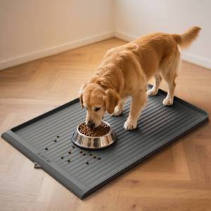 lot 14094 image: Dog Food Mat 36x24, Waterproof Pet Feeding Mat with Diversion Grooves and Raised Edges, Large Non-Slip Dog Bowl Mat for Food and Water, Cat Food Mat for Floors, Easy to Clean, Grey