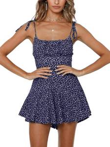 lot 14097 image: Jeanewpole1 Womens Spaghetti Strap Sleeveless Floral Print Wide Leg Short Pants Jumpsuit Playsuit Romper Navy