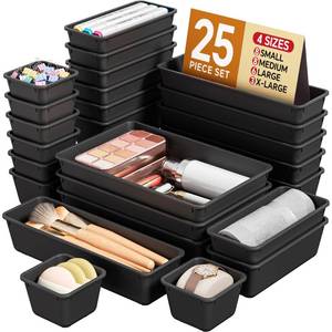 lot 14397 image: KEMETHY 25 PCS Plastic Drawer Organizers Set, 4 Sizes Vanity Organizer, Makeup and Desk Drawer Organizer Trays, Organization and Storage for Makeup, Bathroom, Kitchen Utensils and Office (Black)