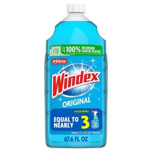 lot 14411 image: Windex refill glass and window cleaner, made from 100% recycled plastic, surface cleaning spray, original blue scent, 2L (67.6 fl oz)