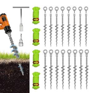 lot 14432 image: 16 Pack Ground Anchors Screw in Tent Stakes, 12 Detachable Non-Rust Cast Aluminum Tent Pegs for Camping Tents, Sand, Trampoline, Swing Sets and Sheds