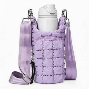 lot 14435 image: Water Bottle Carrier Bag with Strap, Water Bottle Holder Crossbody Fits 20-40 oz Bottles, Lightweight Puff Plaid Water Bottle Sling Bag with Phone Pocket & Zipper Pockets for Travel Gym Hiking, Purple