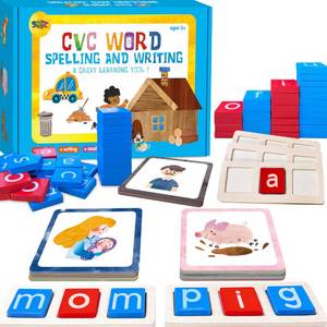 lot 14440 image: 154 PCS Wooden CVC Word Spelling Game, Short Vowel Spelling Flashcards Sight Words Flash Cards Montessori Early Educational Toys for Preschool Kindergarten (5 Dry Erase Marker Included)