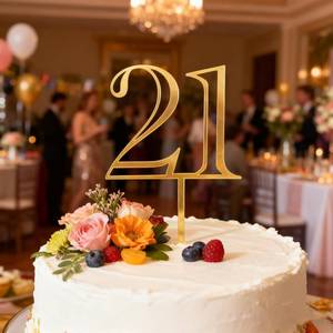 lot 14451 image: Gold Acrylic Number 21 Cake Topper, Happy 21st Birthday Cake Decoration, Twenty One Years Old Cake Pick Decoration For 21st Anniversary Celebrating Party Supplies, 6.4 inches (21)