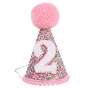 lot 14467 image: QIUJALE Rainbow 2nd Birthday Hat for Girls, Glitter Pink Birthday Hat for 2 Years Old Party Outfit Supplies Decorations