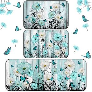 lot 19524 image: Drydiet 3 Pcs Teal Daisy Kitchen Rugs and Mats Set, Non Slip Waterproof Washable Stain Resistant Summer Floral Floor Mats with Butterfly Print for Kitchen, Bathroom, Laundry Room & Home Decor