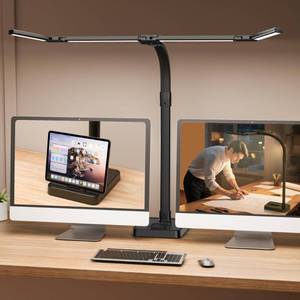 lot 19539 image: sandiea LED Desk Lamp for Home Office - 24W Bright Double Head Desk Light with Clamp Eye Caring Architect Task Light 25 Lighting Modes Adjustable Flexible Gooseneck Lamp (All Black)