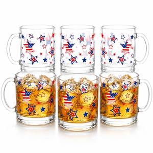 lot 19546 image: Hushee 6 Pack Patriotic Glass Mug with Handle 12oz 250th Anniversary Coffee Cup Glass Cup Red White Blue Drinking Glasses Gift for Patriotic 250th Anniversary Hot Cold Beverage Water