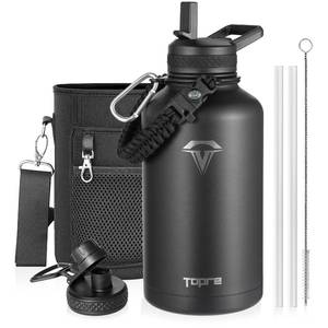 lot 19548 image: Topre 64oz Insulated Water Bottle,Half Gallon Water Flask Stainless Steel Vacuum, Cold for 48 Hrs,BPA-Free & Leakproof -with Paracord Handle,Strap,Straw Spout Lids,Large Jug for Gym Sports,Black