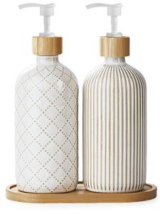 lot 19549 image: Getstar Hand and Dish Soap Dispenser Set, Ceramic Soap Dispenser for Bathroom and Kitchen with Rust Proof Pump and Bamboo Tray, Set of 2
