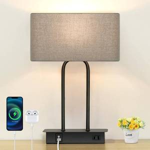 lot 19551 image: 16.1 3-Way Dimmable Touch Control Table Lamp with USB Ports and AC Outlet, LED Bulb Included Modern Bedside Nightstand Lamp for Bedroom Living Room, Warm White