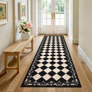 lot 19565 image: Beeiva Checkered Black Runner Rug for Hallway 2.5x8, Washable Runner for Entryway Bathroom Ultra Thin Non Slip, Moroccan Stain Resistant Print Kitchen Rug 8ft, Plaid Carpet for Besides Laundry Decor