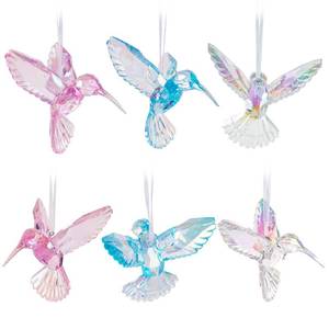 lot 20174 image: 6 Pieces Hummingbird Ornaments Acrylic Hummingbird Figurines Large Crystal Pendants Shiny Iridescent Purple, Blue and Clear Bird Decoration