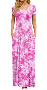 lot 20203 image: DB MOON Womens 2026 Casual Summer Plus Size Maxi Dresses Short Sleeve Empire Waist Long Dress with Pockets(Pink Tie Dye, 3XL)