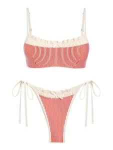 lot 20231 image: seamoly Vintage Striped Spliced Ruched Ruffles Trim Bowknot Decor Tie Side Bikini Set,Red,S