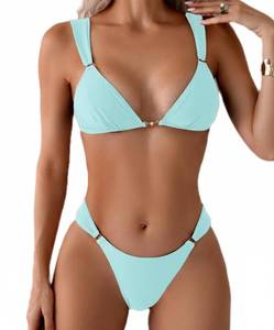 lot 20233 image: QJQ Womens 2 Pieces Cheeky Bikini Sets Print Tie Back Bathing Suit Lowrider Ruffle Triangle Swimsuit Baby Blue Small