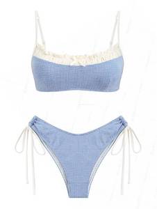 lot 20234 image: seamoly Women��s Contrast Color Gingham Bikini Set �� Hipster Tie Side Swimsuit with Spaghetti Straps, Ruffles, Bowknot, Ruched,Sky Blue,S