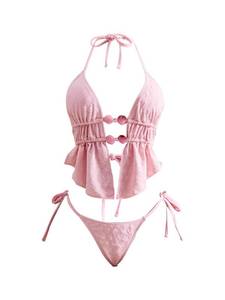 lot 20240 image: RoseSeek Womens 2 Piece Boho Polka Dots Beaded Bikini Sets Halter Swimsuits Textured Tie Side Bathing Suit Light Pink XL