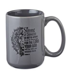 lot 20263 image: Christian Art Gifts Lion Gray Ceramic Coffee Mug �� 14 oz. Microwave and Dishwasher-safe Inspirational Scripture Coffee and Tea Mug for Men and Women with Bible Verse Strong & Courageous �� Joshua 19