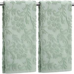 lot 20274 image: SmoothNovelty 2 Pcs Sage Green Hand Towels for Bathroom 100% Cotton Floral Jacquard Hand Towels Cute Absorbent Decorative Weave Bath Washcloth Bathroom Decor Gift, 13.7 x 29.5 Inch