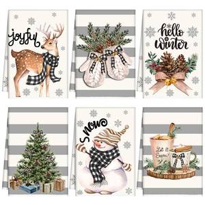 lot 20278 image: Sratte 6 Pcs Christmas Kitchen Towels Winter Dish Towels Absorbent Gray Strip Reindeer Snowmen Hand Towel Snowflake Gloves Decorative Xmas Tea Towel Decor Cozy Winter Decor for Kitchen Bathroom Gift