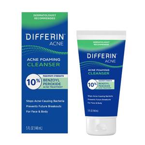 lot 20279 image: Differin Acne Face Wash with 10% Benzoyl Peroxide, Maximum Strength OTC Acne Foaming Cleanser, Fast Acting Acne Treatment for Face and Body, 5 oz.