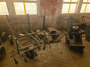 lot 4547 image: 3 Wheel Cart with Tennant Floor Scapping Machine and More