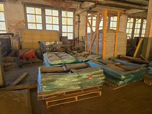 lot 4597 image: Snow Blower Attachment, Gravel Cart, Roofing Tiles, Pallet of Skylights, Concrete Cinder Blocks