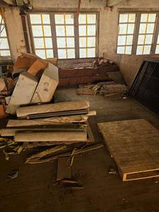 lot 4607 image: Mixed Industrial Lot Wire Mesh Panel Rolled Sheet Material Truck Side Boxes, and Red Roofing Tiles