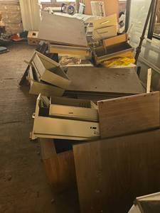 lot 14052 image: Lot of Mixed Kitchen and Office Cabinets and Components, Ceiling Lights, Windows, and More