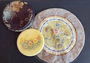 lot 2014 image: Vintage Bakelite Powder Compact with Embroidered Case with Asian Inspired Dresser Doily