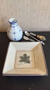 lot 2020 image: Williams Sonoma Square Dish with Grapeleaf Design from Italy and Italian Pottery Vase with Snack Utensils