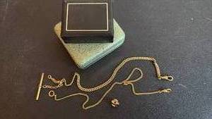 lot 2026 image: Vintage Gold-Tone Watch Chains with T-Bar or Clasps, Tie Tac and Jewelry Boxes