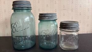 lot 2032 image: Vintage Ball Mason and Kerr Jar Lot with Metal Lids